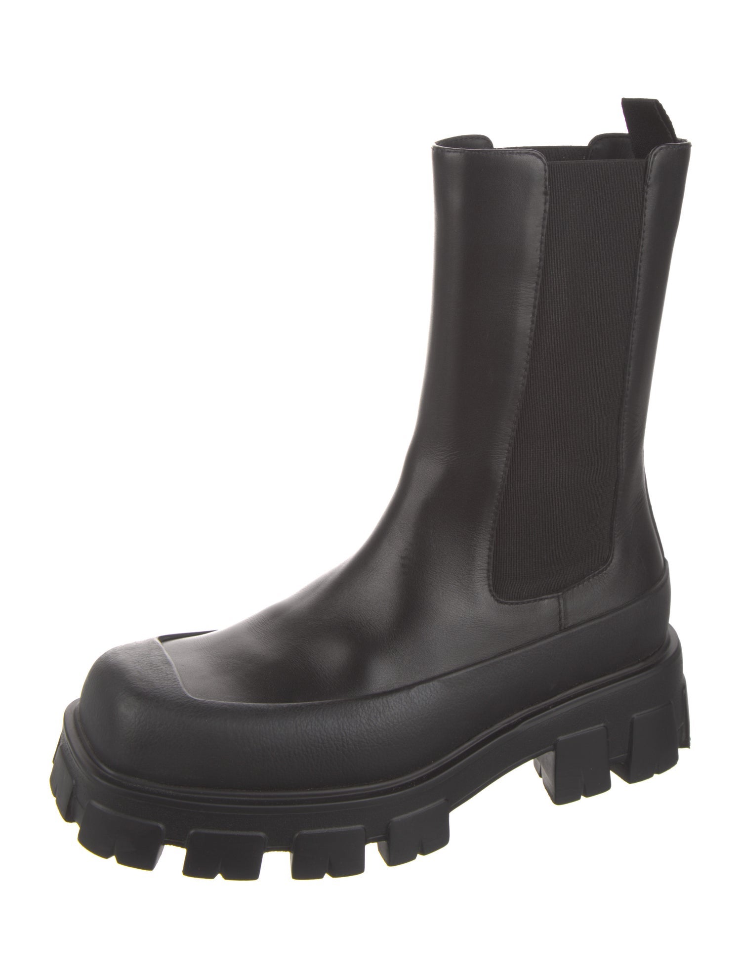 Prada Enameled Metal Triangle Leather Chelsea Boots