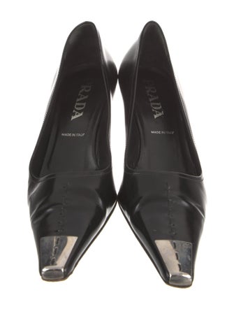 Prada Enameled Metal Triangle Leather Pumps