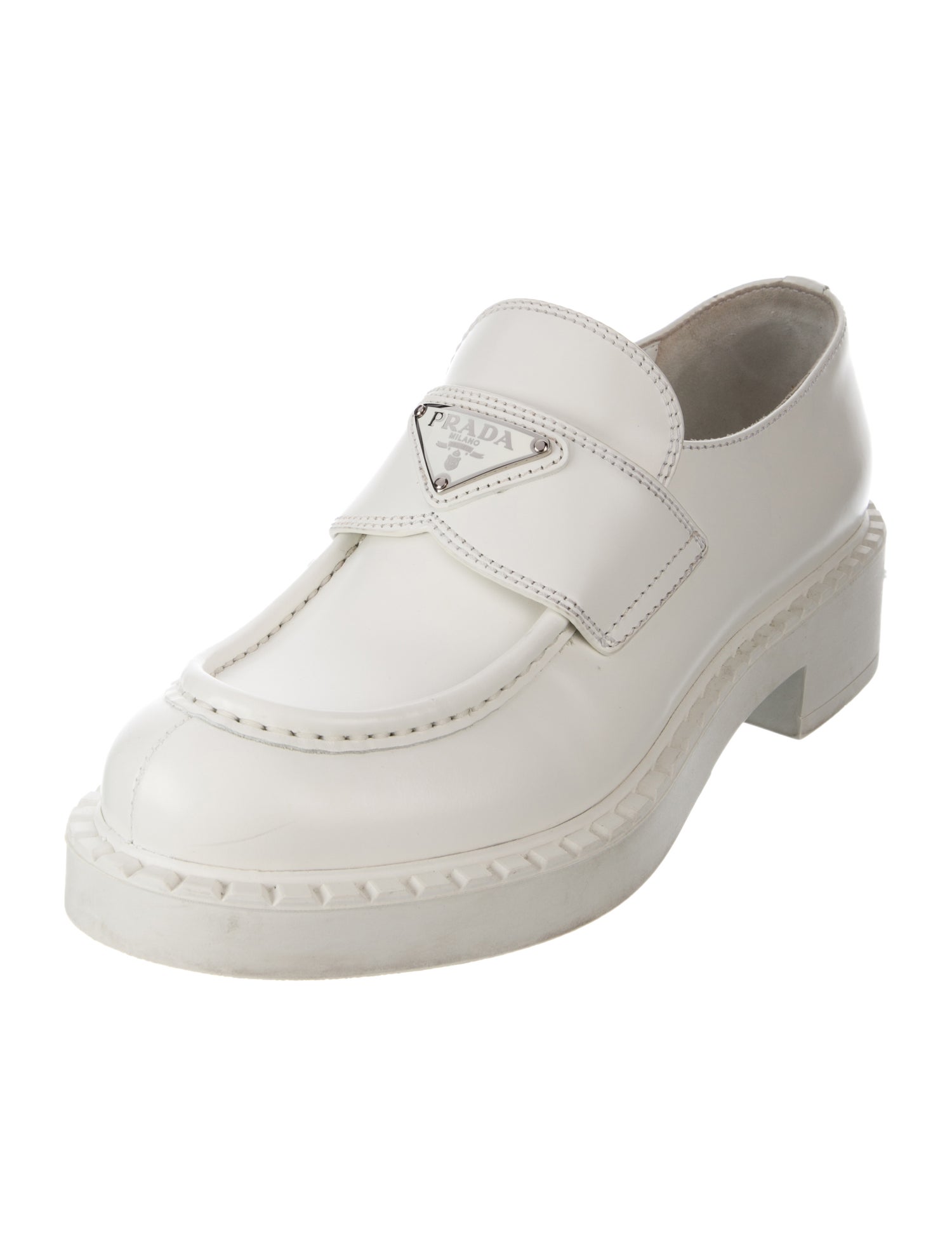 Prada Enameled Metal Triangle Leather Loafer Sneakers