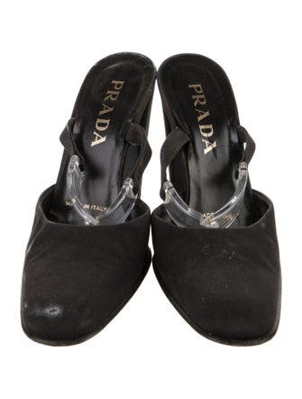 Prada Canvas Leather Trim Embellishment Mules