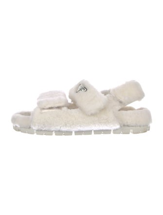 Prada Enameled Metal Triangle Faux Fur Sandals