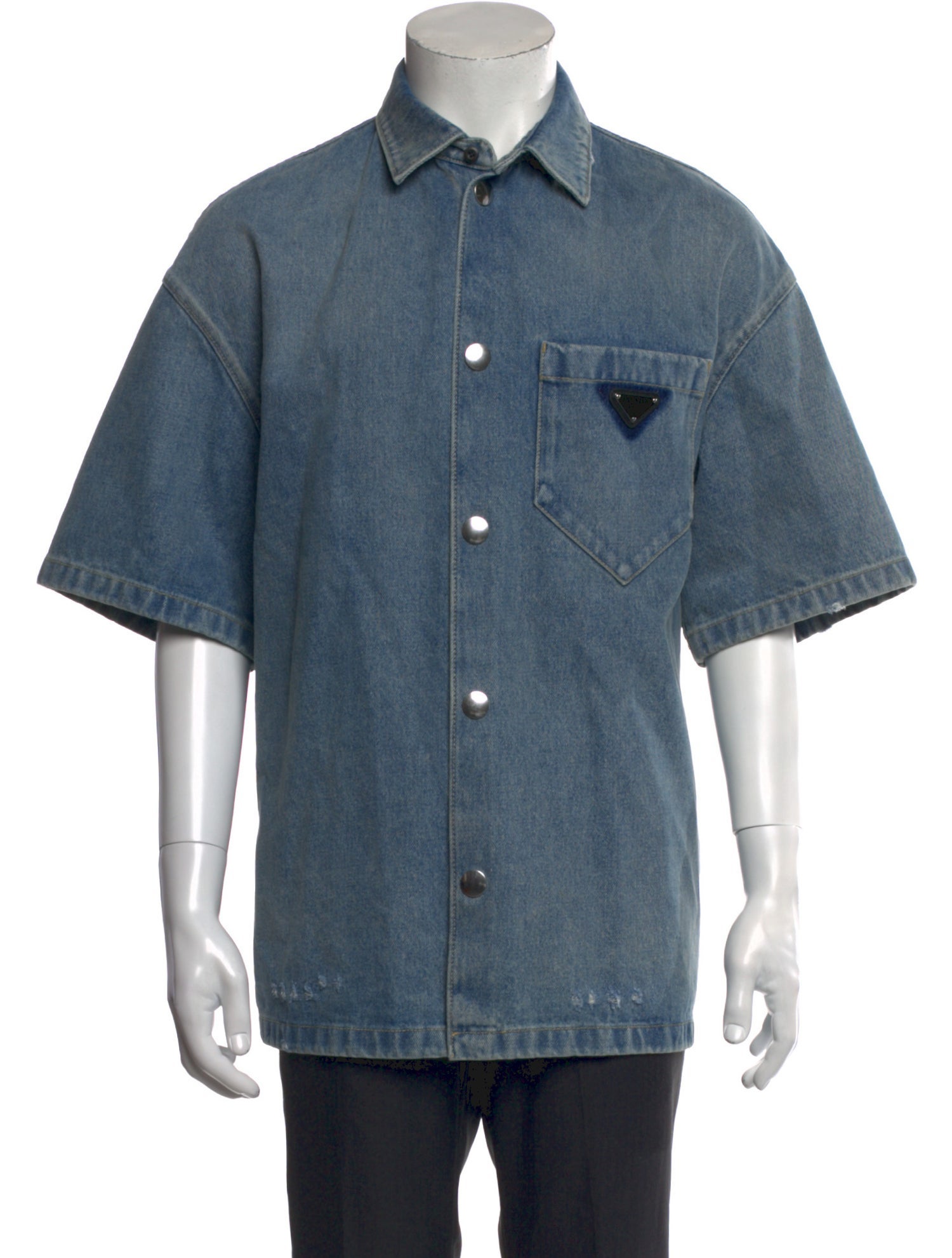 Prada Enameled Metal Triangle Three-Quarter Sleeve Denim Shirt