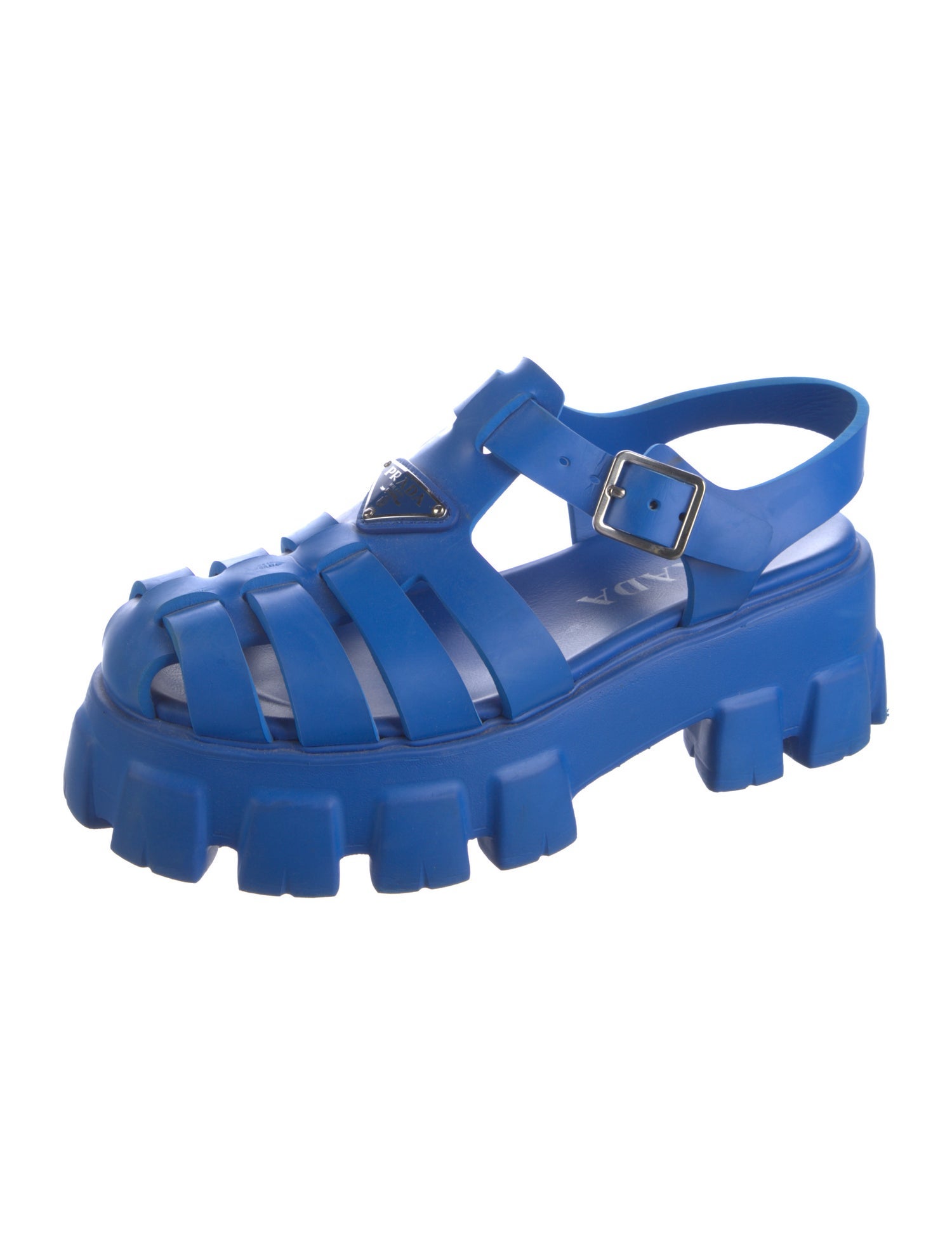 Prada Enameled Metal Triangle Rubber Slingback Sandals