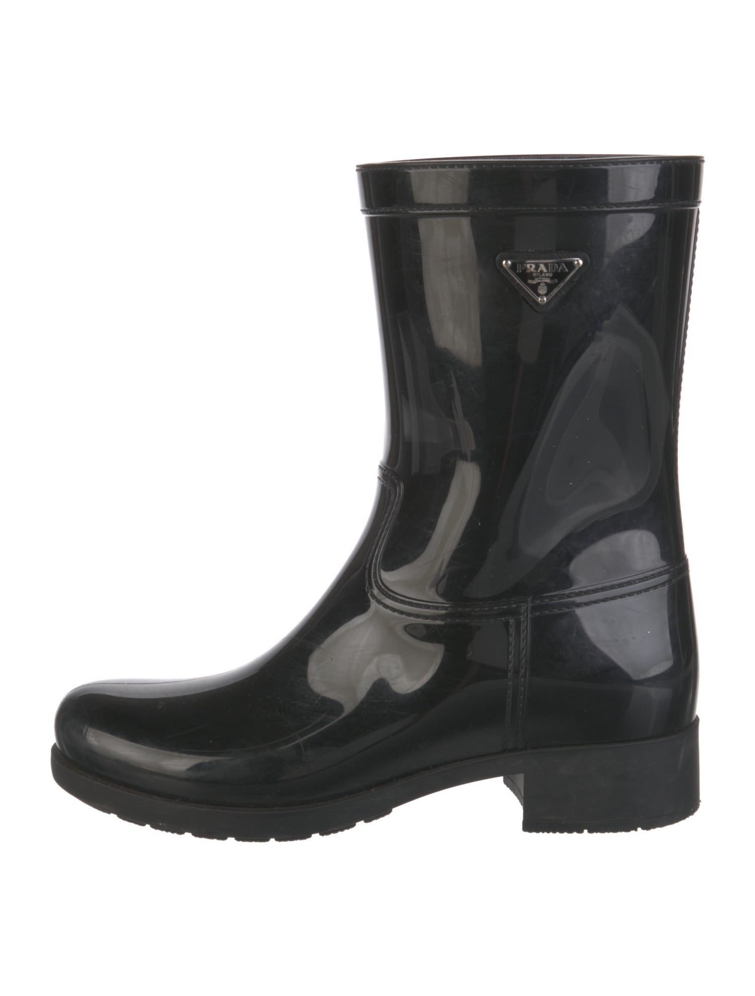 Prada Enameled Metal Triangle Rubber Rain Boots