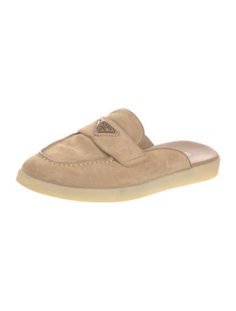 Prada Enameled Metal Triangle Suede Mules