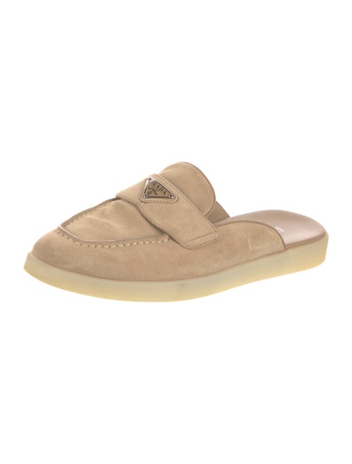 Prada Enameled Metal Triangle Suede Mules