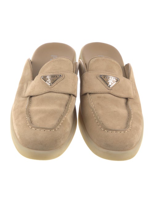 Prada Enameled Metal Triangle Suede Mules