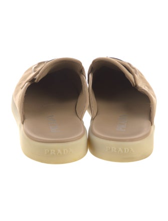 Prada Enameled Metal Triangle Suede Mules