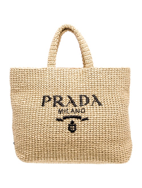 Prada Enameled Metal Triangle Raffia Logo Tote