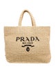 Prada Enameled Metal Triangle Raffia Logo Tote