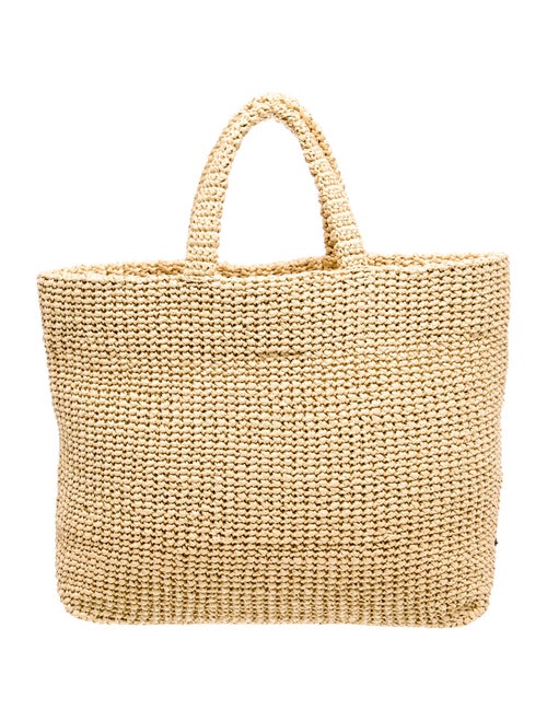 Prada Enameled Metal Triangle Raffia Logo Tote