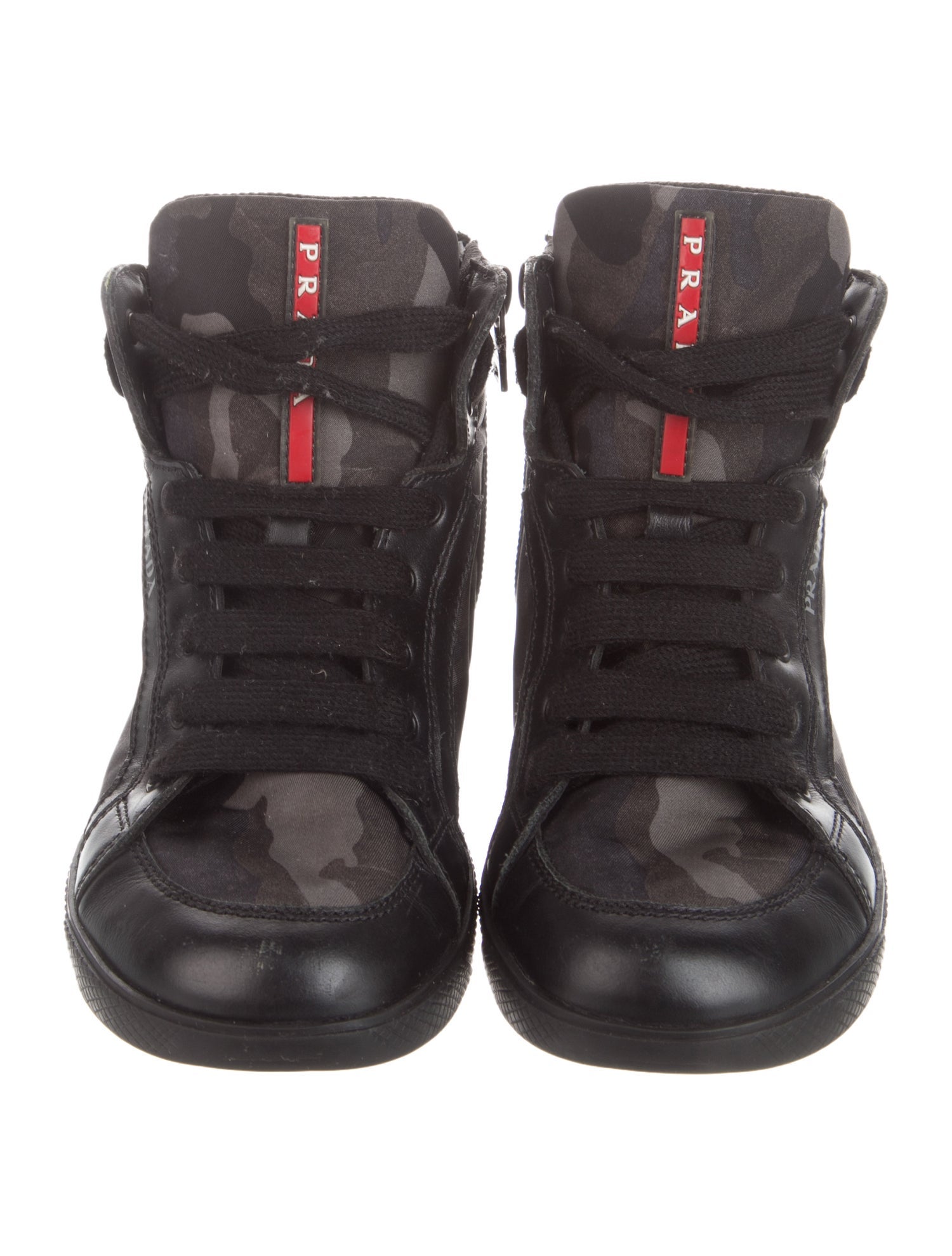Prada Black Leather Pattern Print High-Top Sneakers