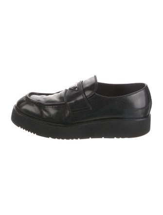 Prada Enameled Metal Triangle Leather Loafers