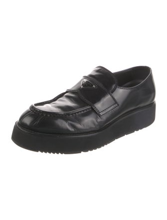 Prada Enameled Metal Triangle Leather Loafers