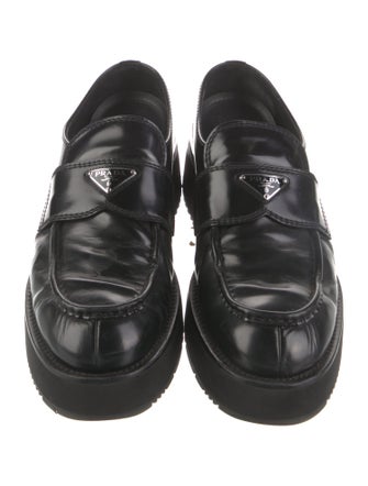 Prada Enameled Metal Triangle Leather Loafers