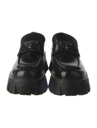 Prada Enameled Metal Triangle Patent Leather Loafers