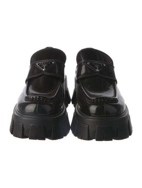 Prada Enameled Metal Triangle Patent Leather Loafers