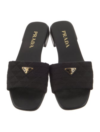 Prada Enameled Metal Triangle Leather Trim Embellishment Slides