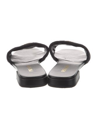 Prada Enameled Metal Triangle Leather Trim Embellishment Slides