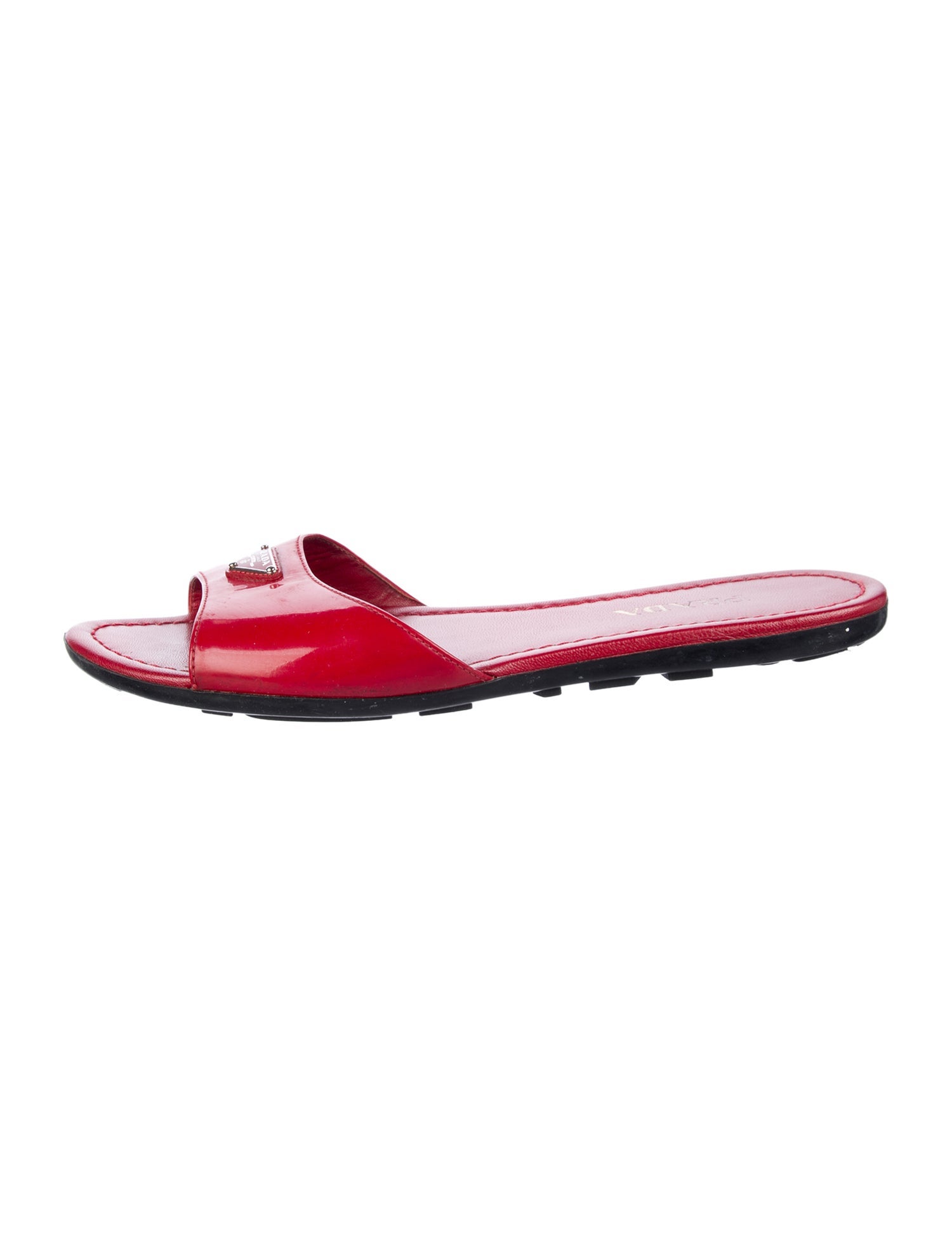 Prada Enameled Metal Triangle Patent Leather Slides