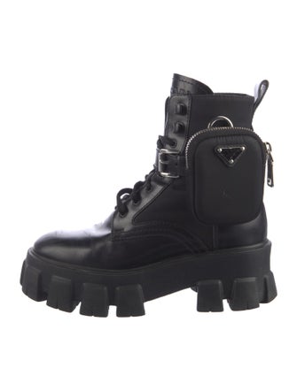 Prada Enameled Metal Triangle Leather Combat Boots