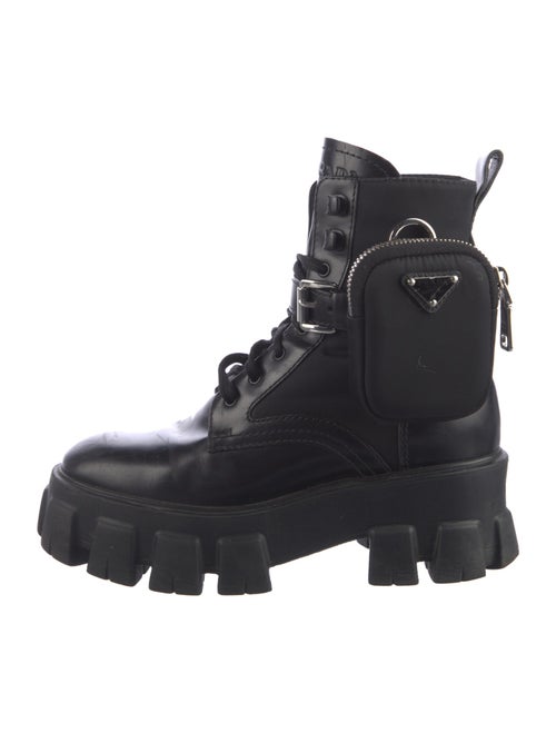 Prada Enameled Metal Triangle Leather Combat Boots