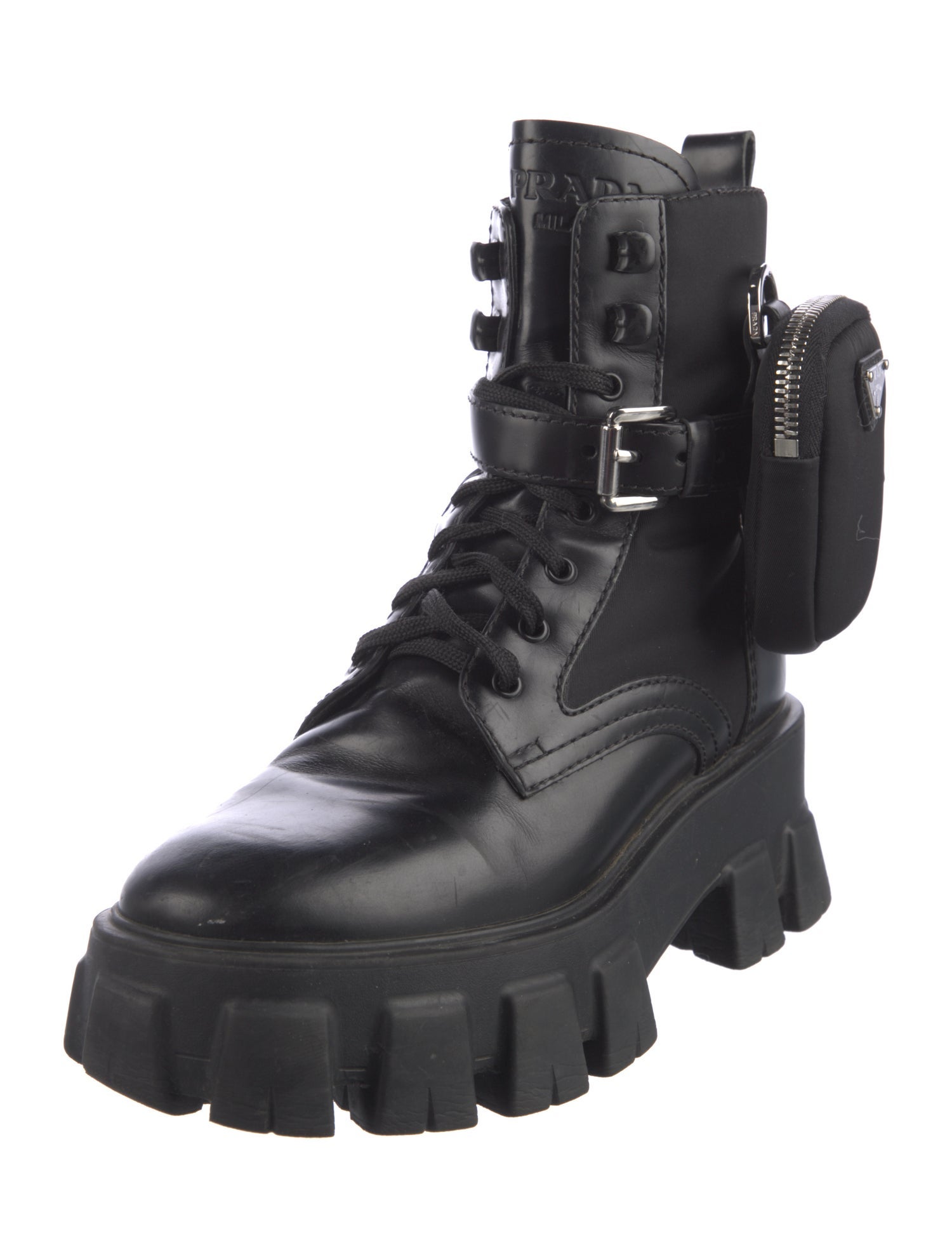 Prada Enameled Metal Triangle Leather Combat Boots