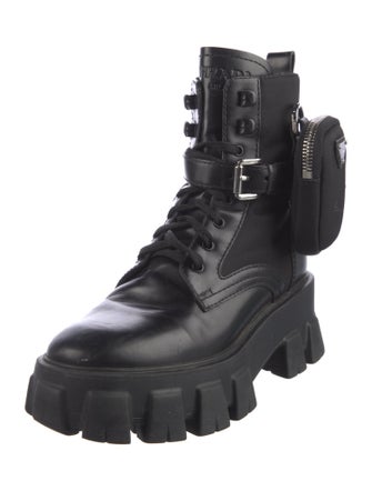 Prada Enameled Metal Triangle Leather Combat Boots