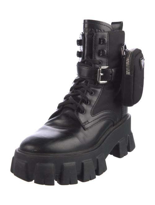 Prada Enameled Metal Triangle Leather Combat Boots