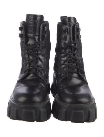 Prada Enameled Metal Triangle Leather Combat Boots