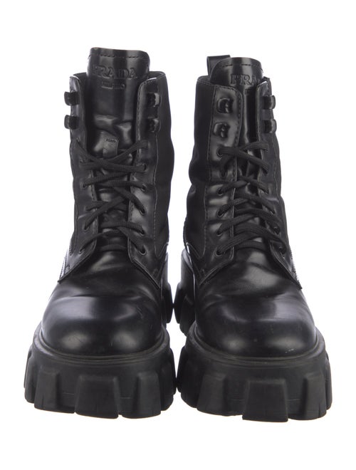 Prada Enameled Metal Triangle Leather Combat Boots