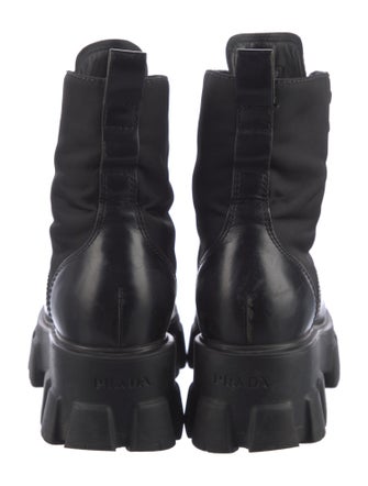 Prada Enameled Metal Triangle Leather Combat Boots