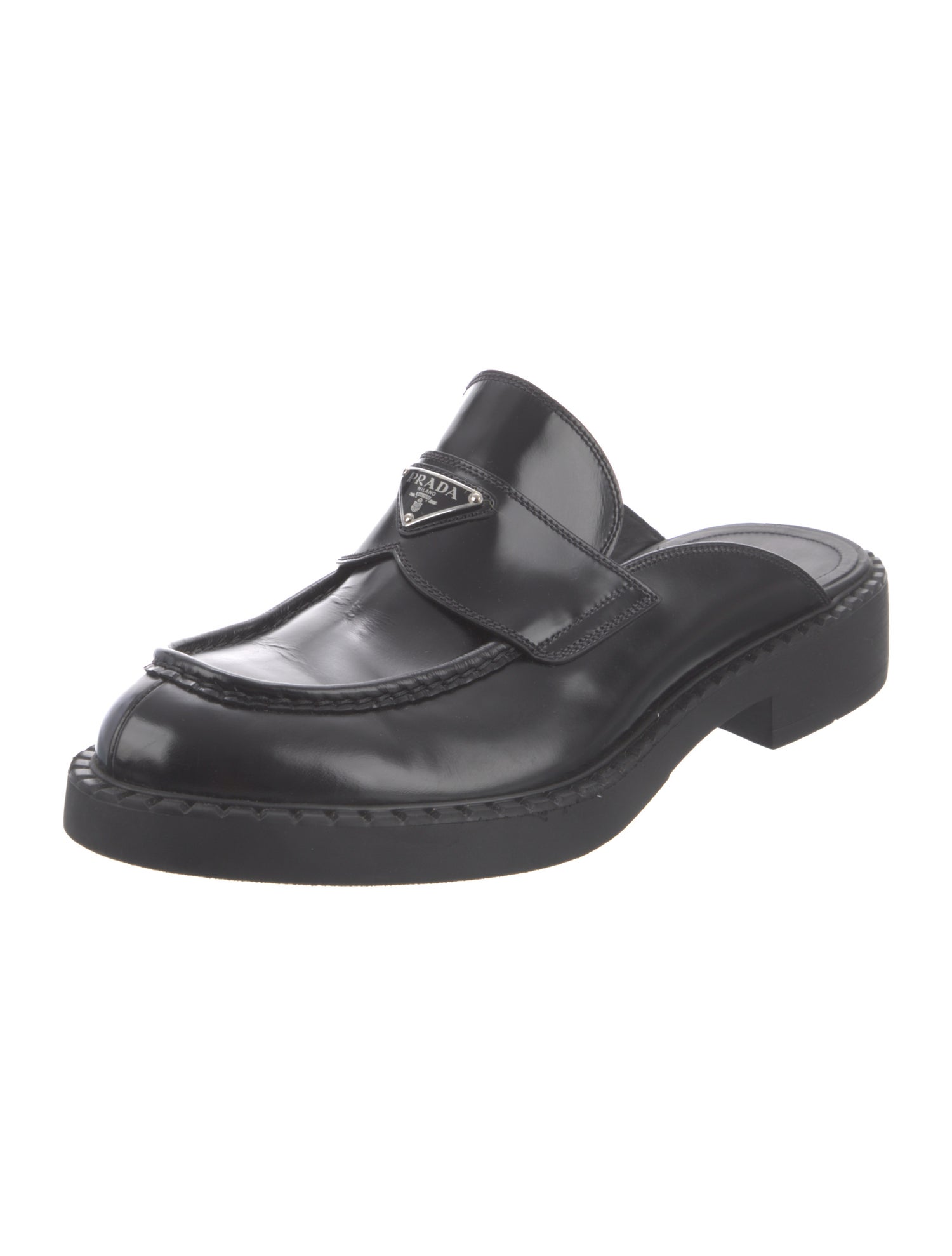 Prada Enameled Metal Triangle Leather Slippers