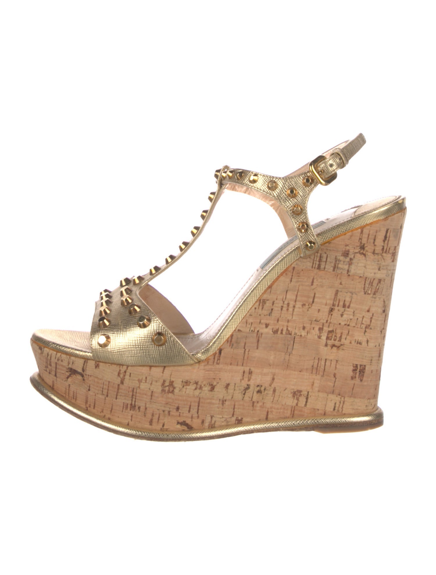 Prada Saffiano Leather Studded Accents T-Strap Sandals
