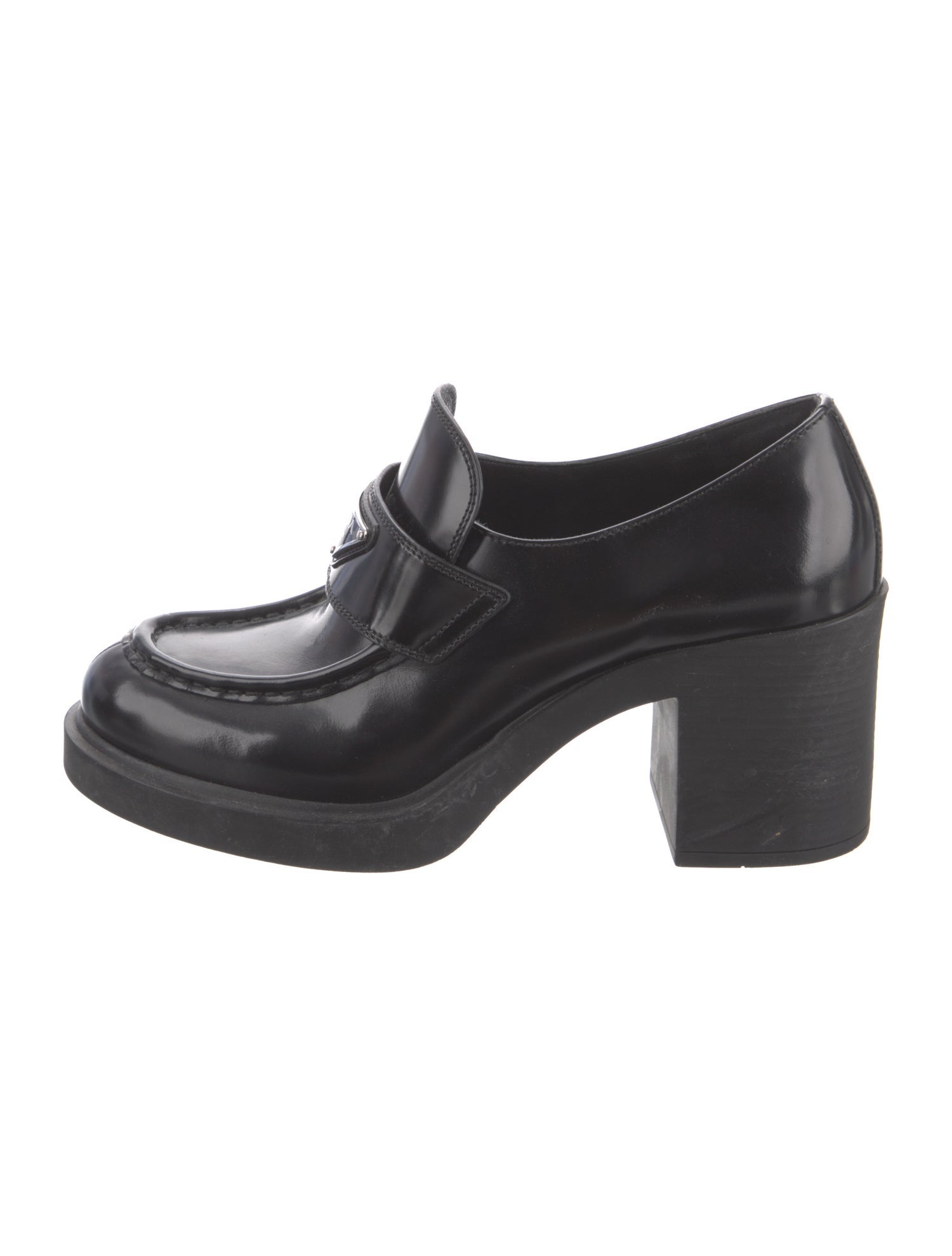 Prada Enameled Metal Triangle Leather Pumps