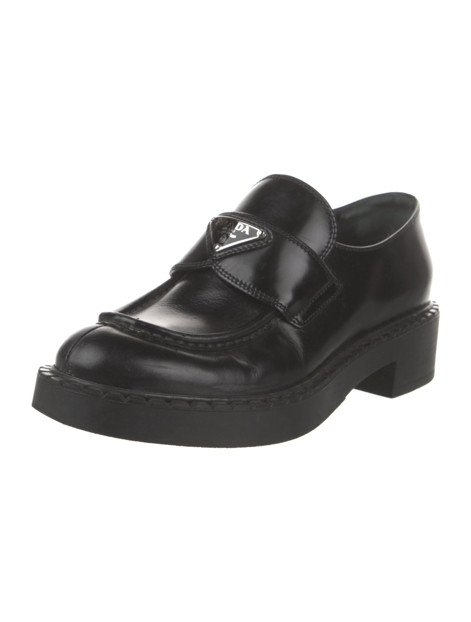 Prada Enameled Metal Triangle Patent Leather Oxfords