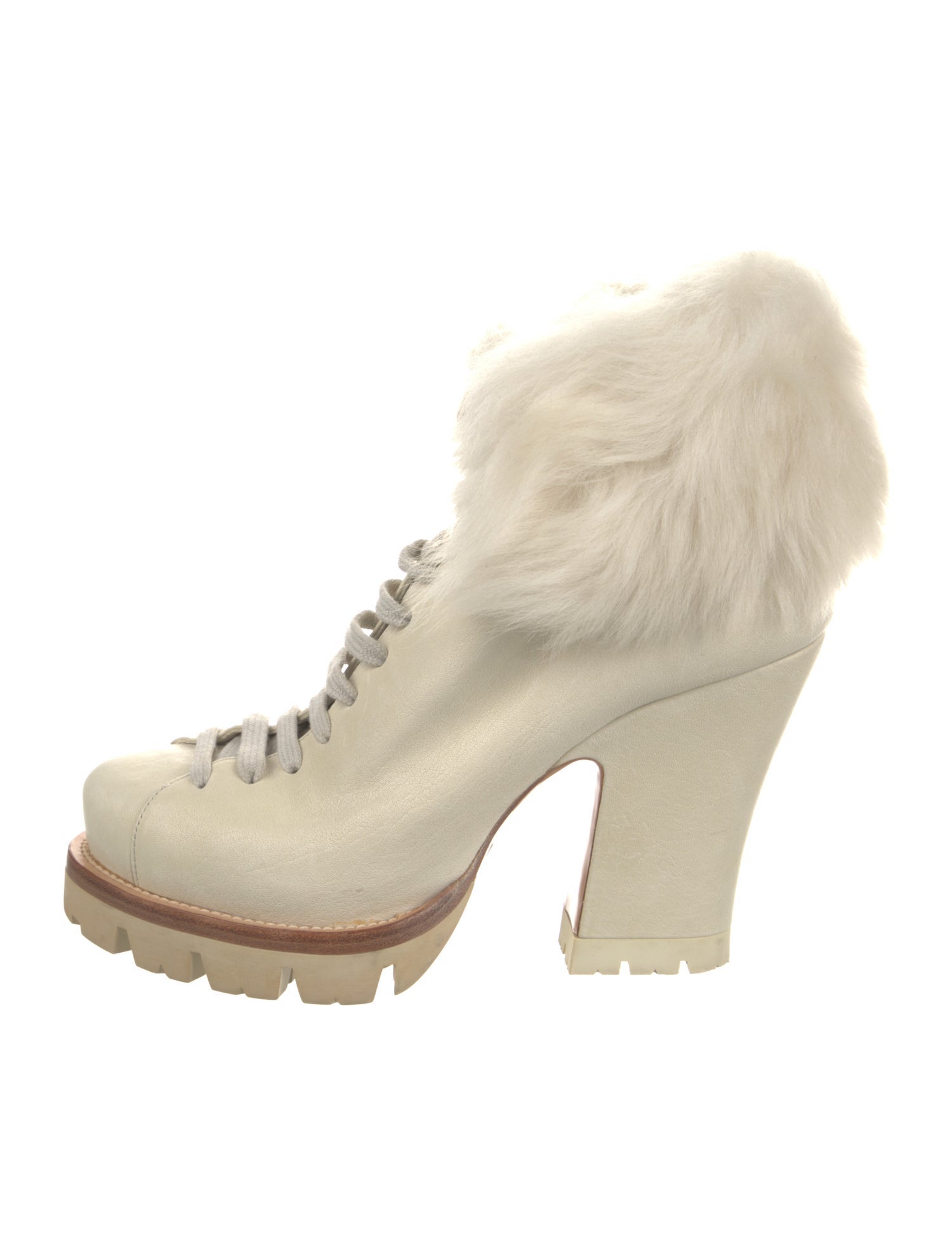 Prada Leather Faux Fur Trim Lace-Up Boots