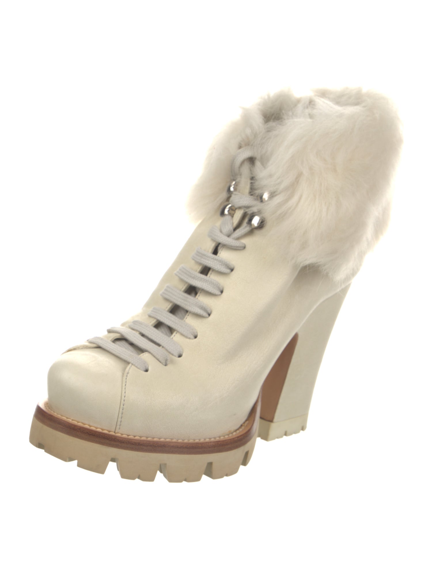 Prada Leather Faux Fur Trim Lace-Up Boots