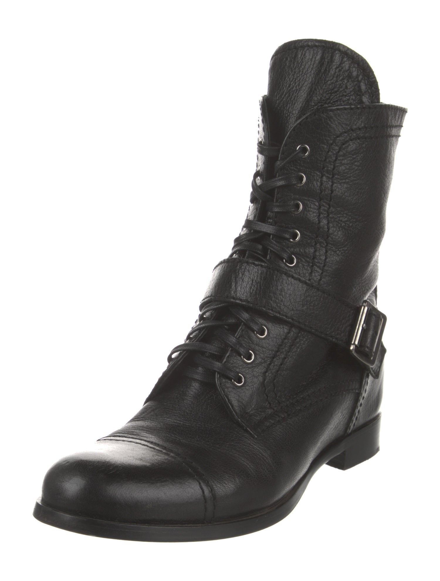 Prada Embossed Leather Embroidered Accent Combat Boots