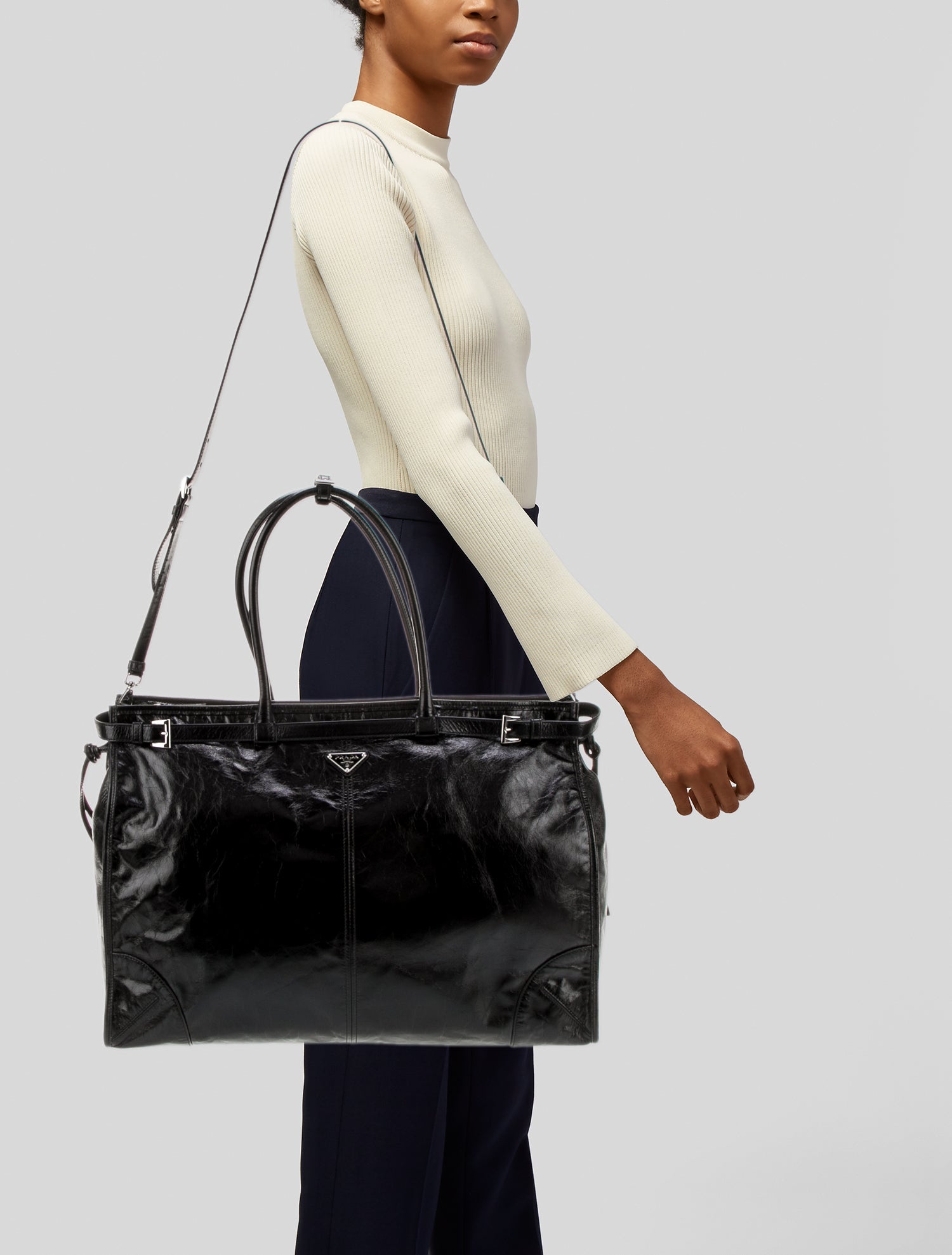 Prada Enameled Metal Triangle Bonnie Tote