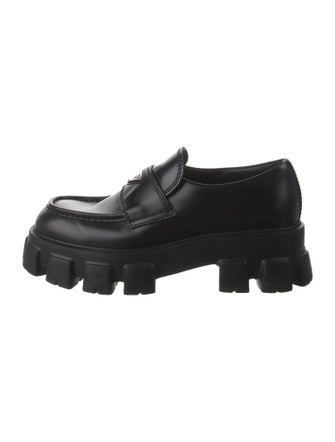 Prada Enameled Metal Triangle Leather Loafers