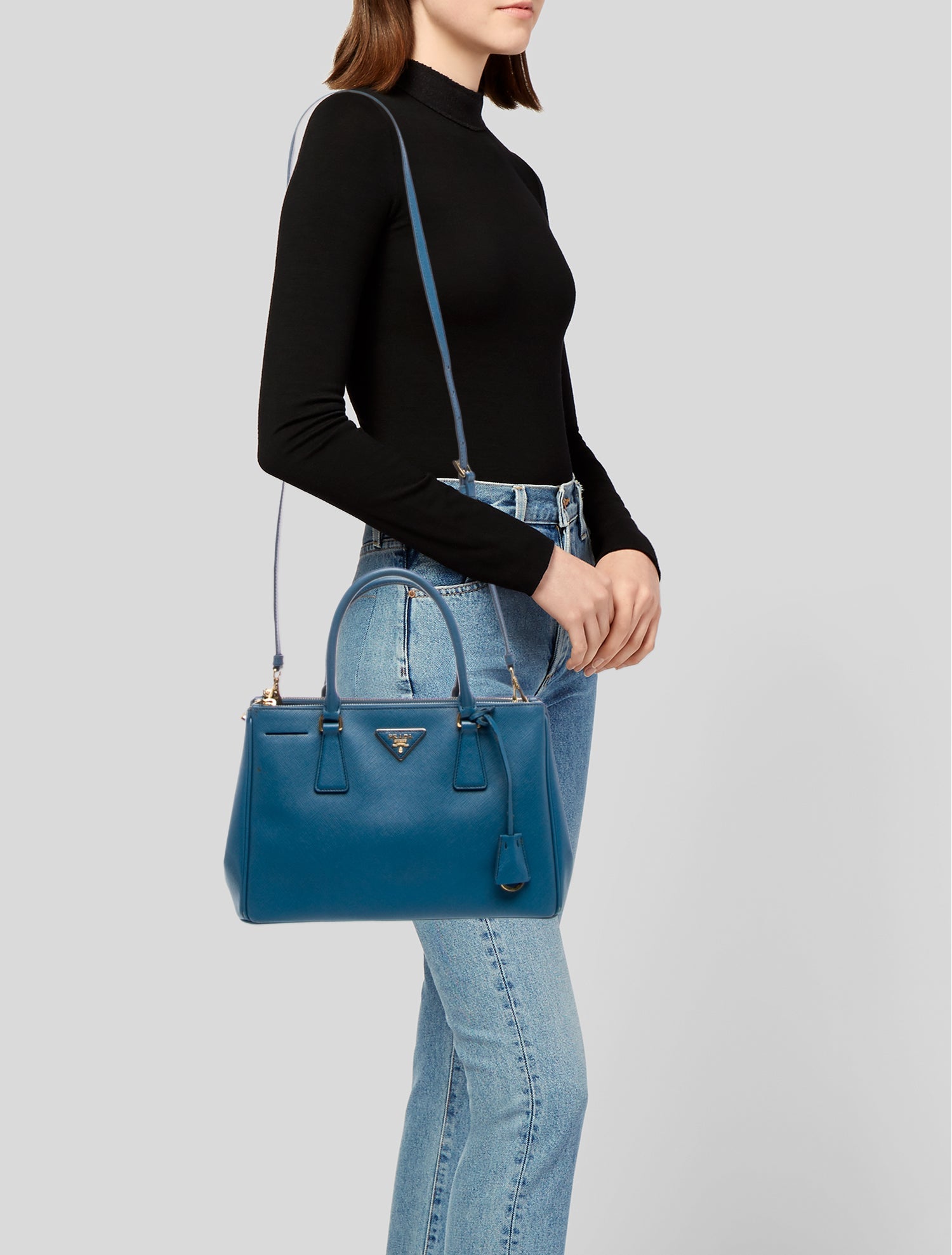 Prada Enameled Metal Triangle Galleria Double Zip Medium