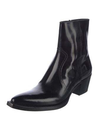 Prada Enameled Metal Triangle Patent Leather Western Boots