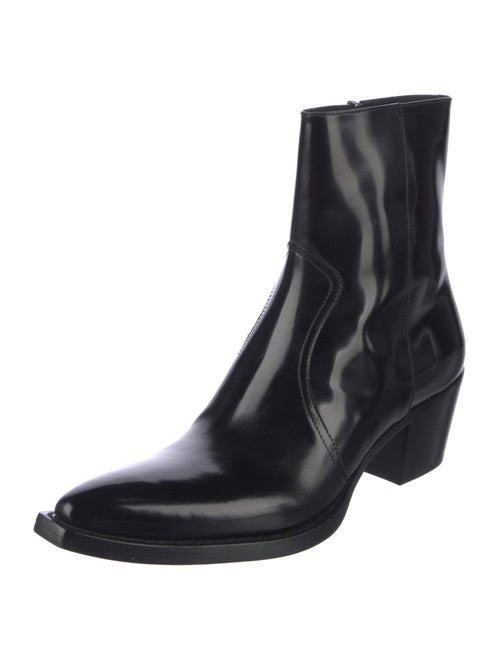 Prada Enameled Metal Triangle Patent Leather Western Boots