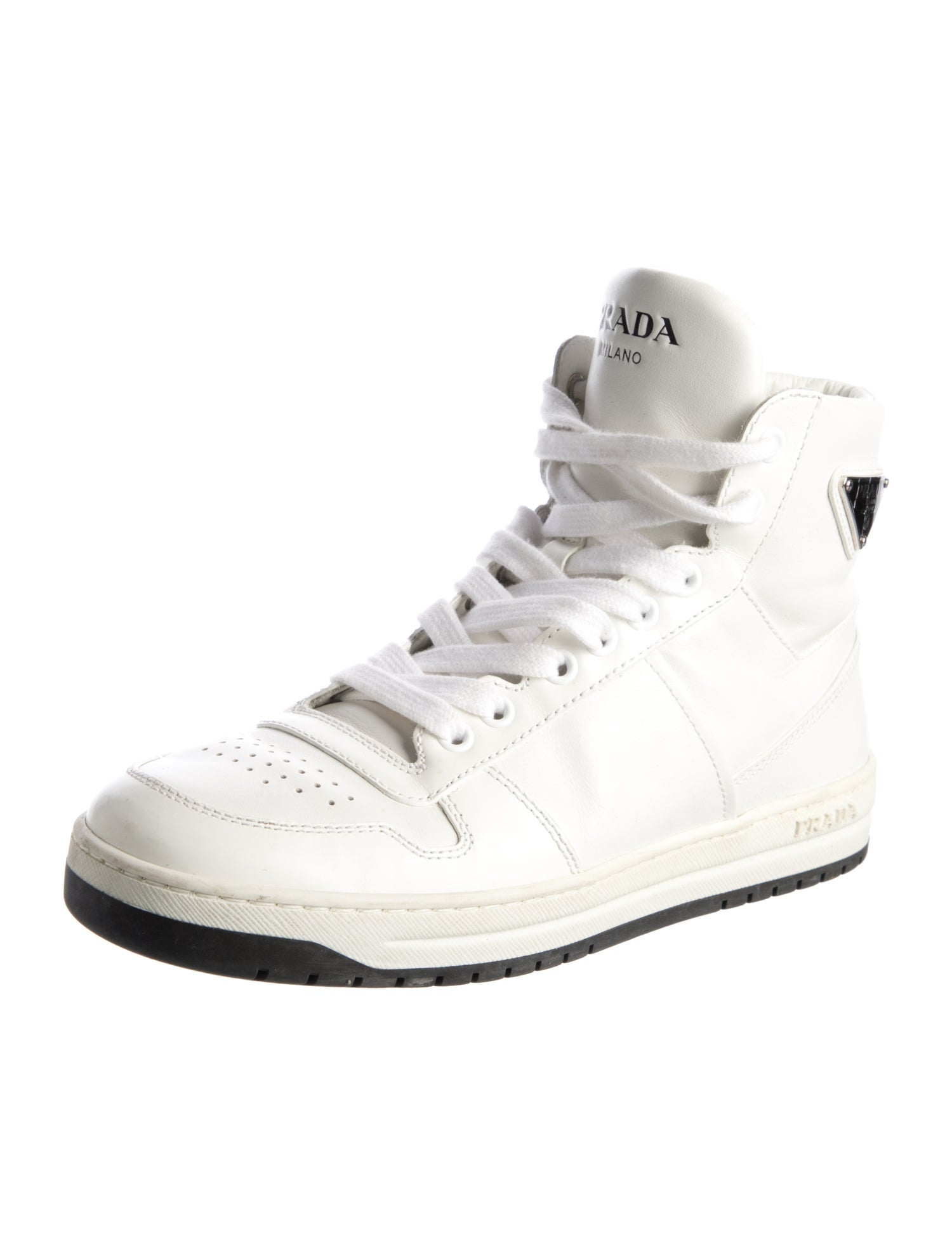 Prada Enameled Metal Triangle Leather Wedge Sneakers