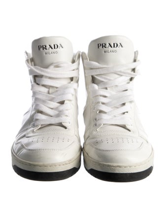 Prada Enameled Metal Triangle Leather Wedge Sneakers