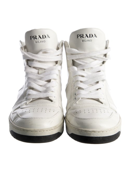 Prada Enameled Metal Triangle Leather Wedge Sneakers