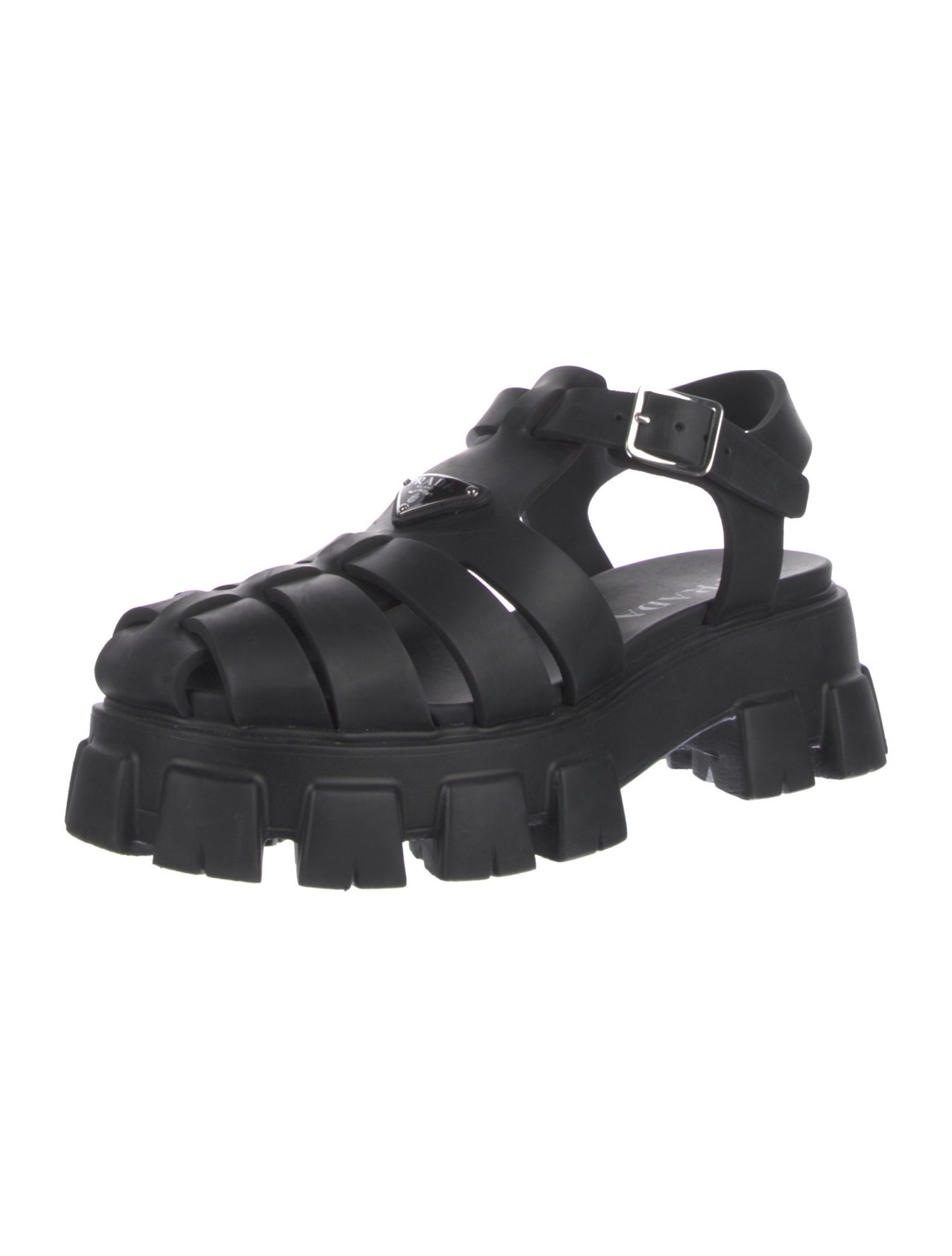 Prada Enameled Metal Triangle Rubber Slingback Sandals