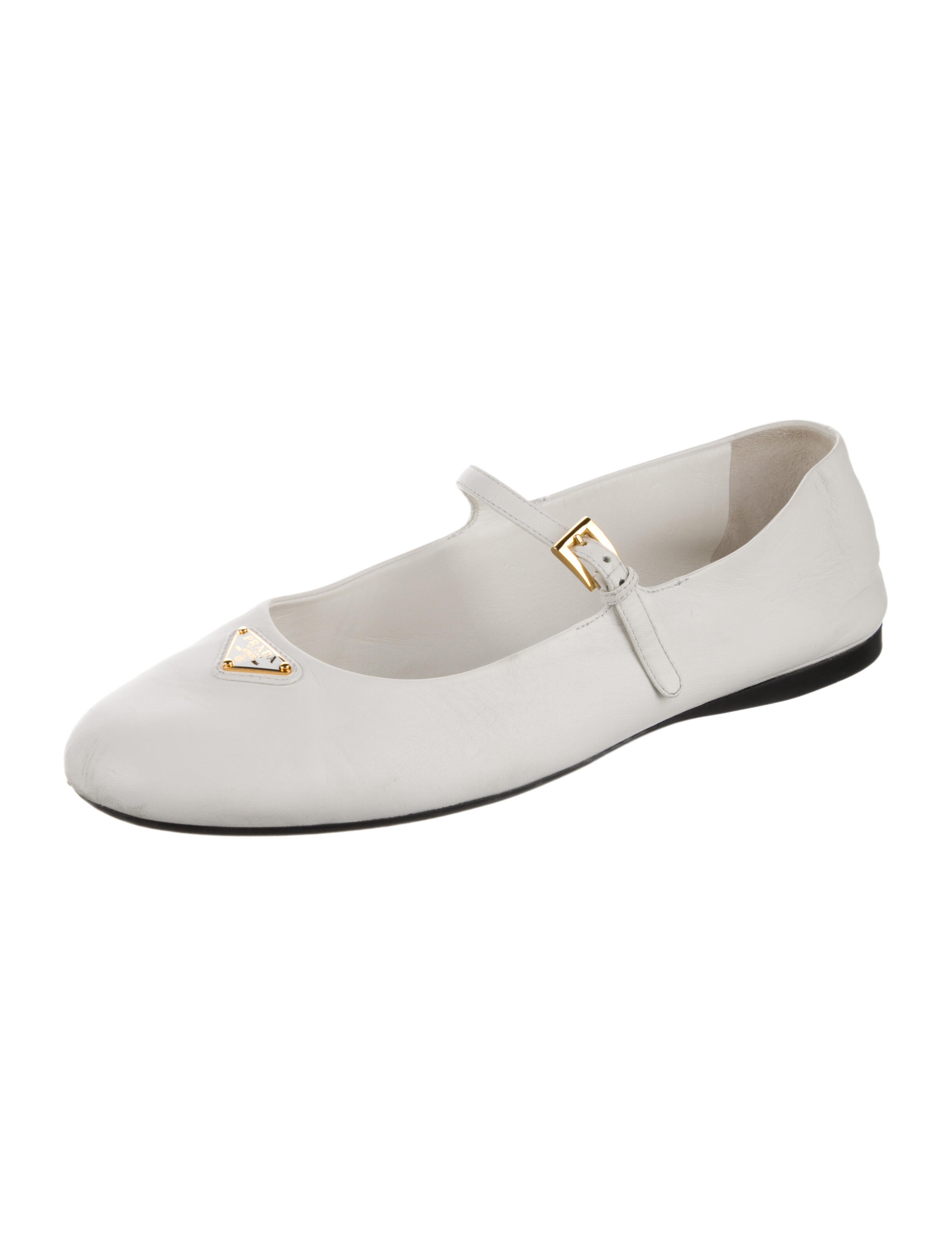 Prada Enameled Metal Triangle Leather Mary Jane Flats