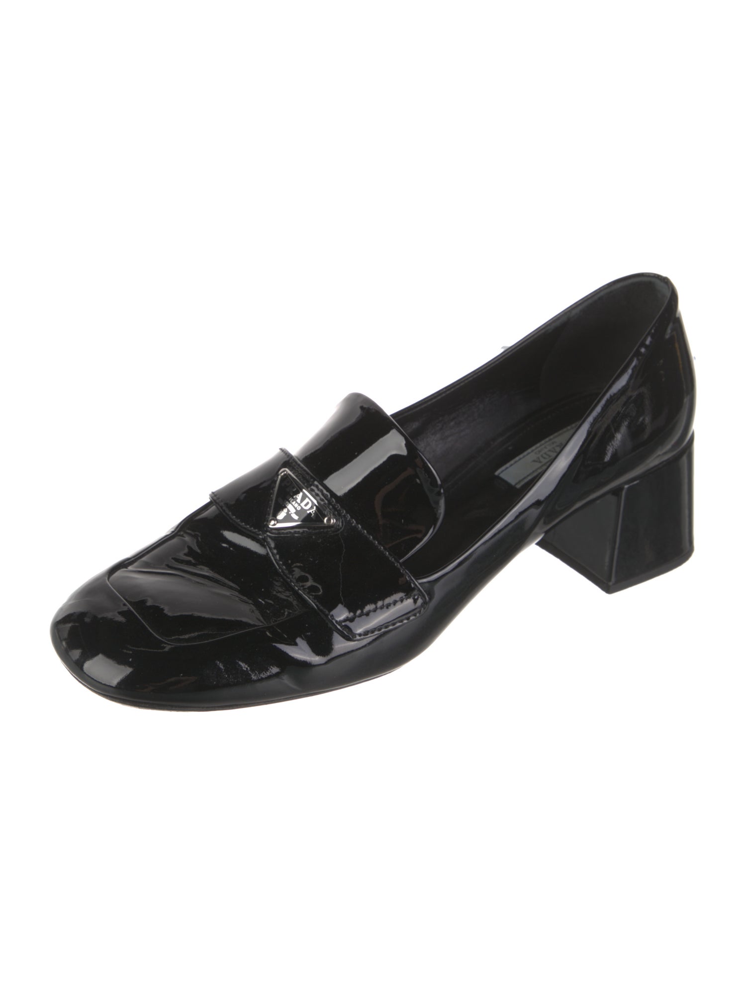 Prada Enameled Metal Triangle Patent Leather Pumps
